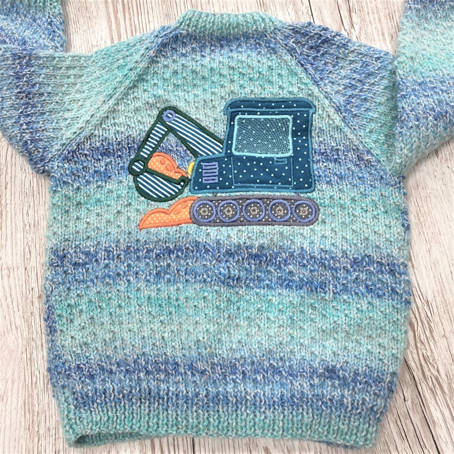 Hand knitted Boy's cardigan age 2 - 3 years with applique digger