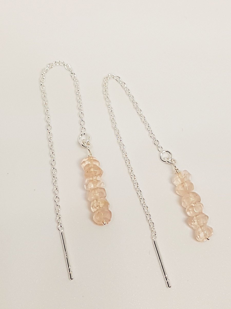 Rose Quartz Gemstone Hand Beaded Thread Through Sterling Silver Earrings