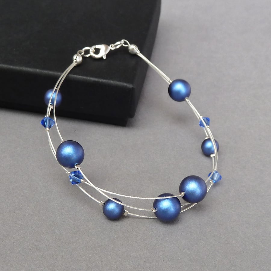 Royal Blue Floating Pearl Bracelet - Dark Blue Multi-strand Bridesmaids Bracelet