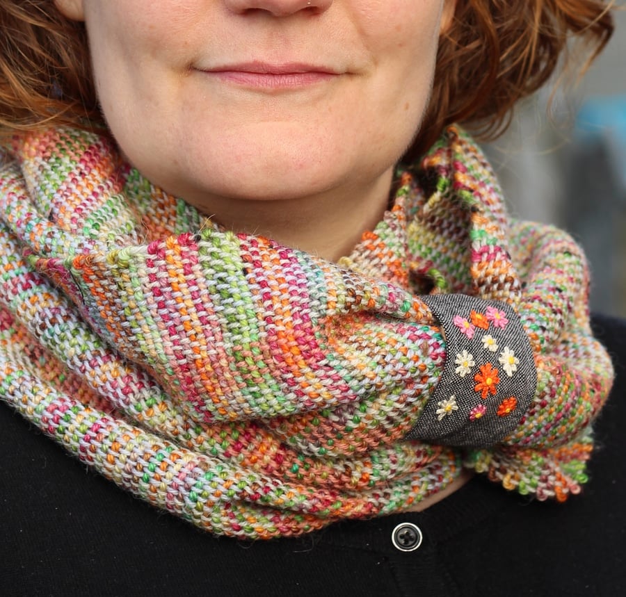 Multi Coloured Cowl Hand Woven and Hand Dyed with Flower Embroidery