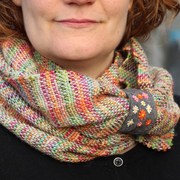 Multi Coloured Cowl Hand Woven and Hand Dyed with Flower Embroidery