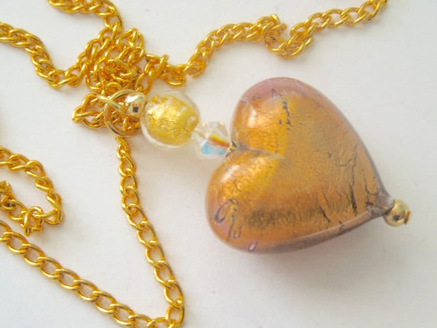 Bronze and gold Murano glass handmade heart pendant with Swarovski crystal.