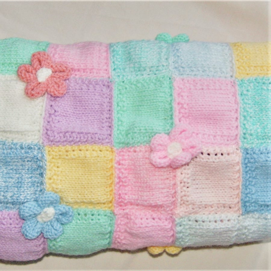 Double Sided Patchwork Blanket, Hand Knitted Baby Blanket, Coming Home Blanket
