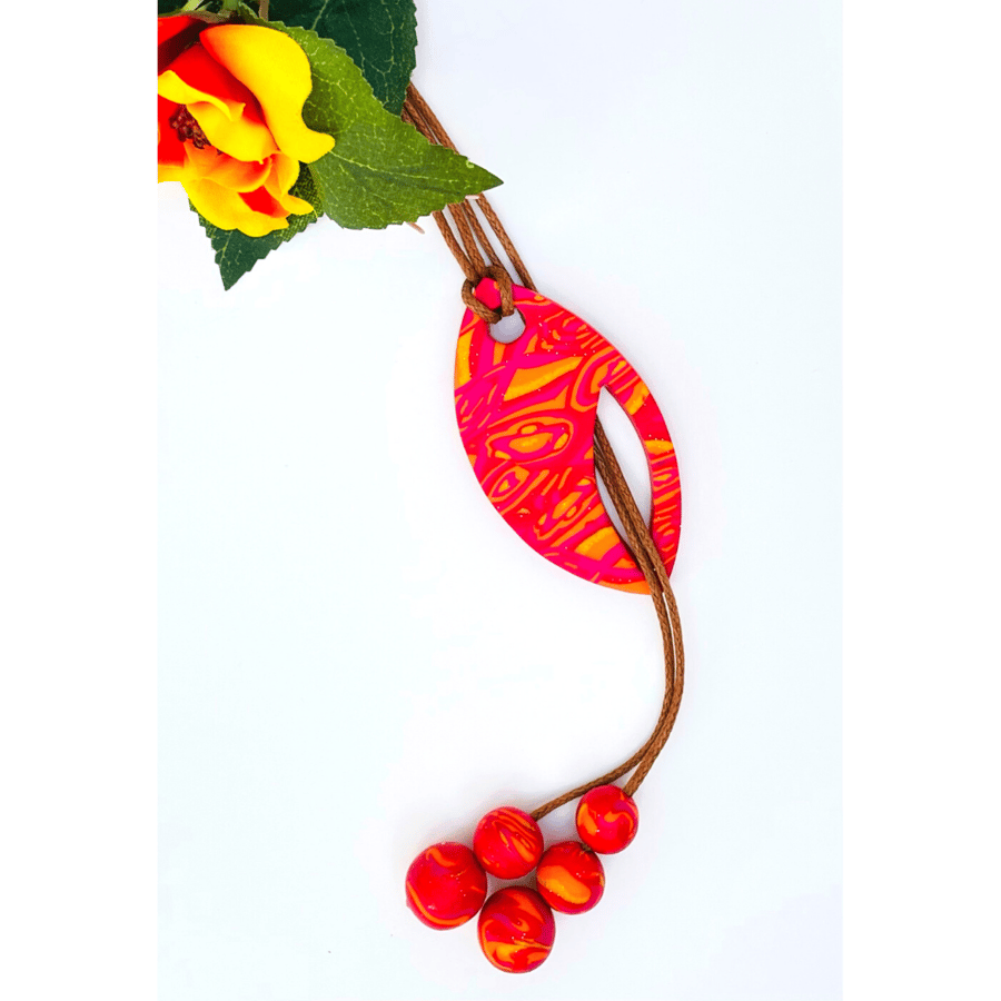 Some Like It Hot  Red, Hot Pink & Orange Polymer Clay Reversible Lariat Necklace