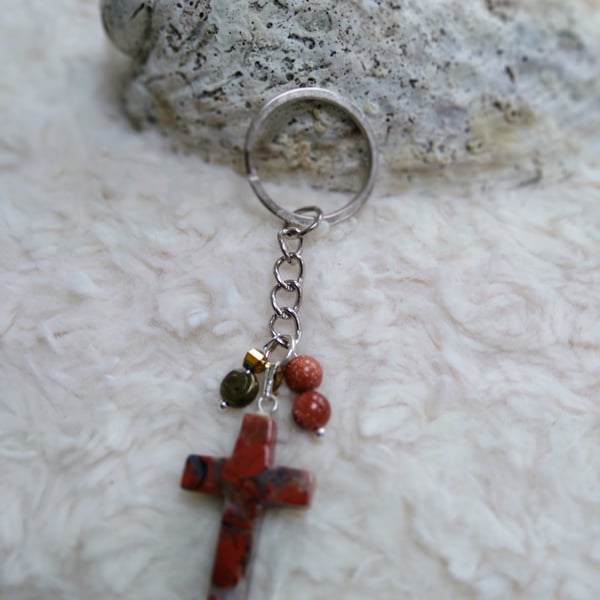 Gemstone Crucifix with Sunstone and bronze bead KEYRING