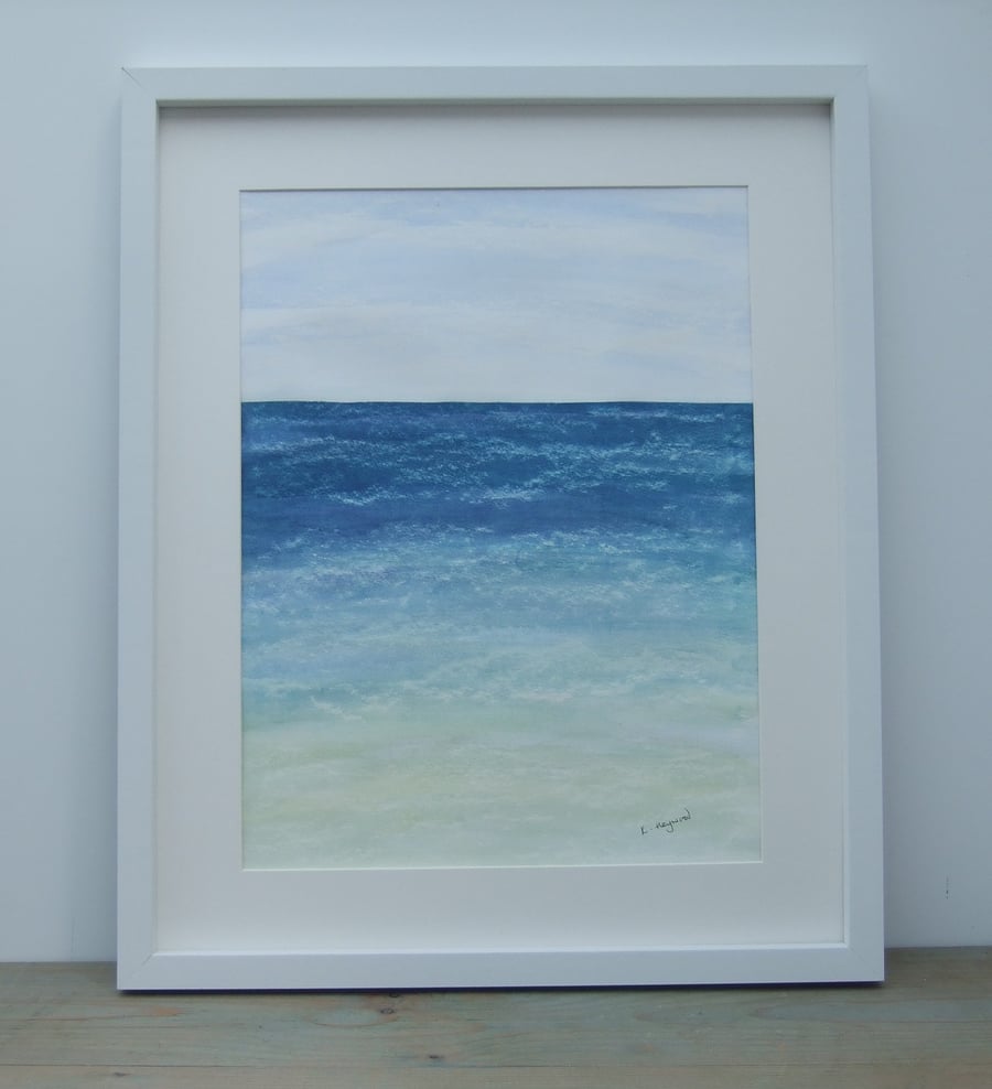 Original Watercolour Seascape Framed Painting, Aqua Sea 1