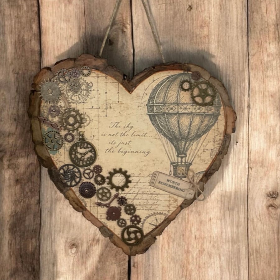 Steampunk Hot Air Balloon Wooden Heart Wall Hanging, Mixed Media Art, Eco-Friend