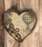 Steampunk Hot Air Balloon Wooden Heart Wall Hanging, Mixed Media Art, Eco-Friend