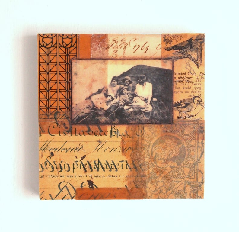 Original Paper & Fabric Collage on Wood Panel, 12x12cms, Free UK Postage (200)