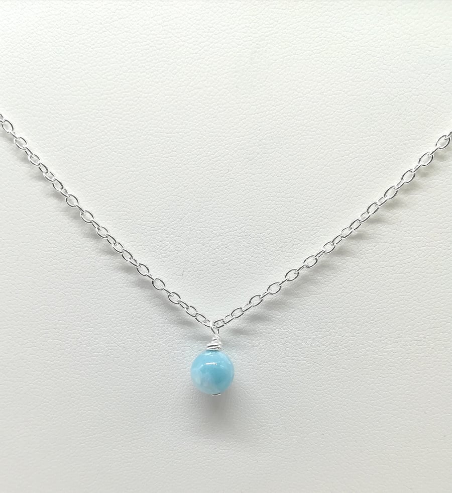 Handcrafted Wire Wrapped Larimar Minimalist,Single Bead pendant,Classic, Blue 