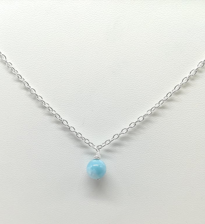Handcrafted Wire Wrapped Larimar Minimalist,Single Bead pendant,Classic, Blue 