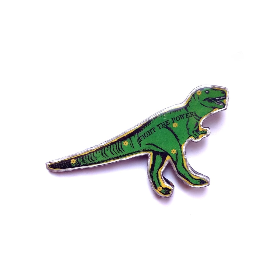 Amazing green T Rex dinosaur Fight the Power Resin Brooch by EllyMental