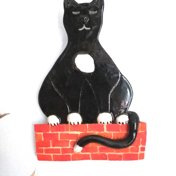 Ceramic hand made Cat Wall Hanging,Pottery black and white Cat Plaque, 