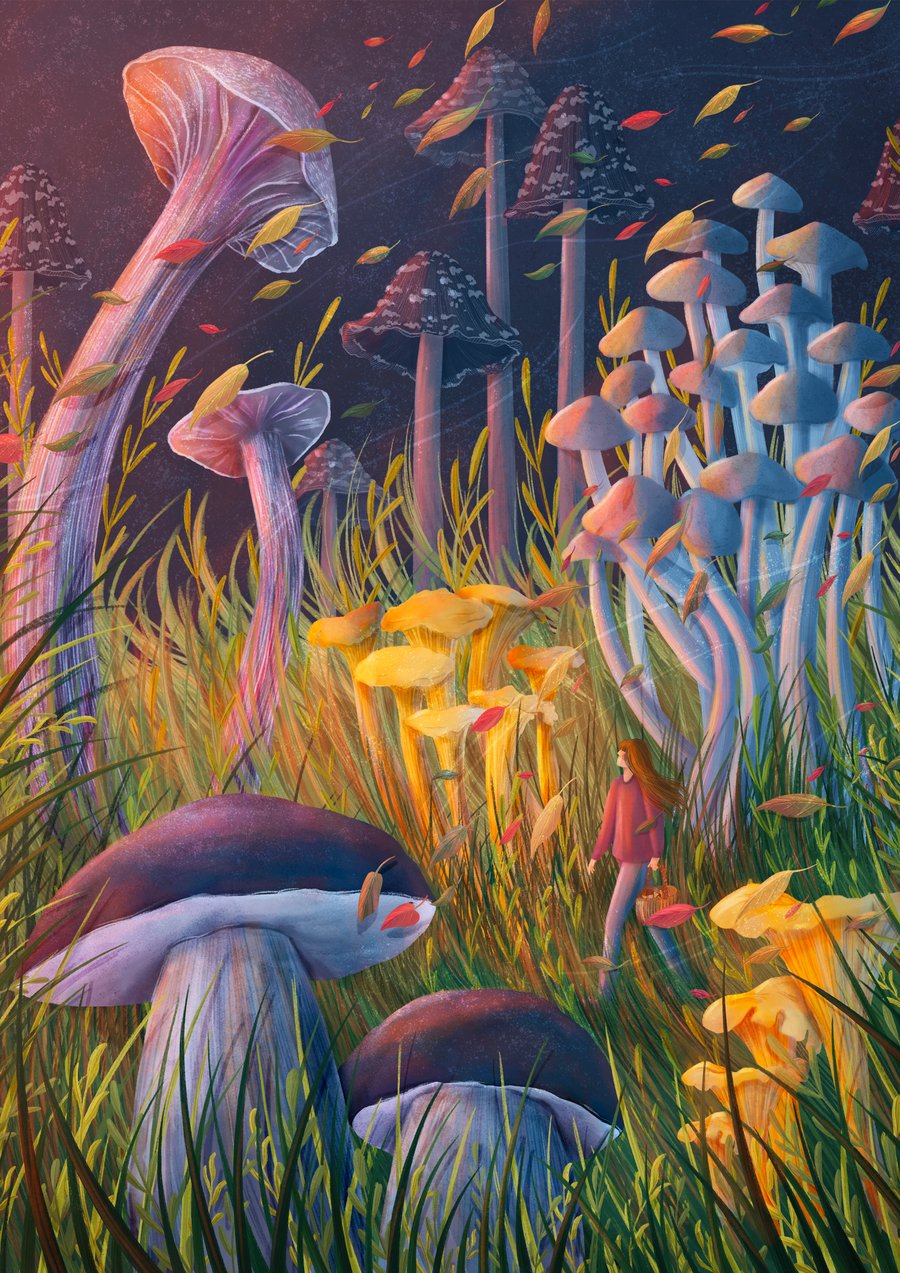 'Mushroom Hunt' - Whimsical and Colourful Nature Fine Art Print