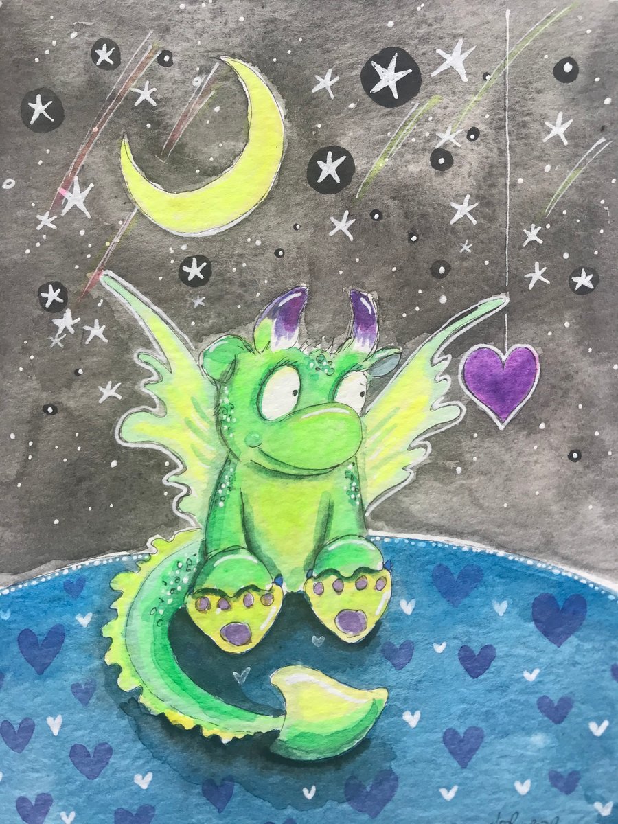 Original Painting Little Green Dragon under the moon by Jo Roper