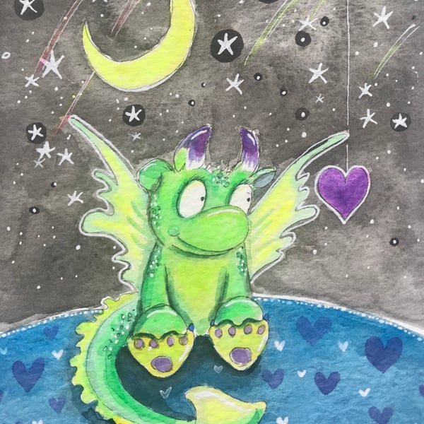 Original Painting Little Green Dragon under the moon by Jo Roper