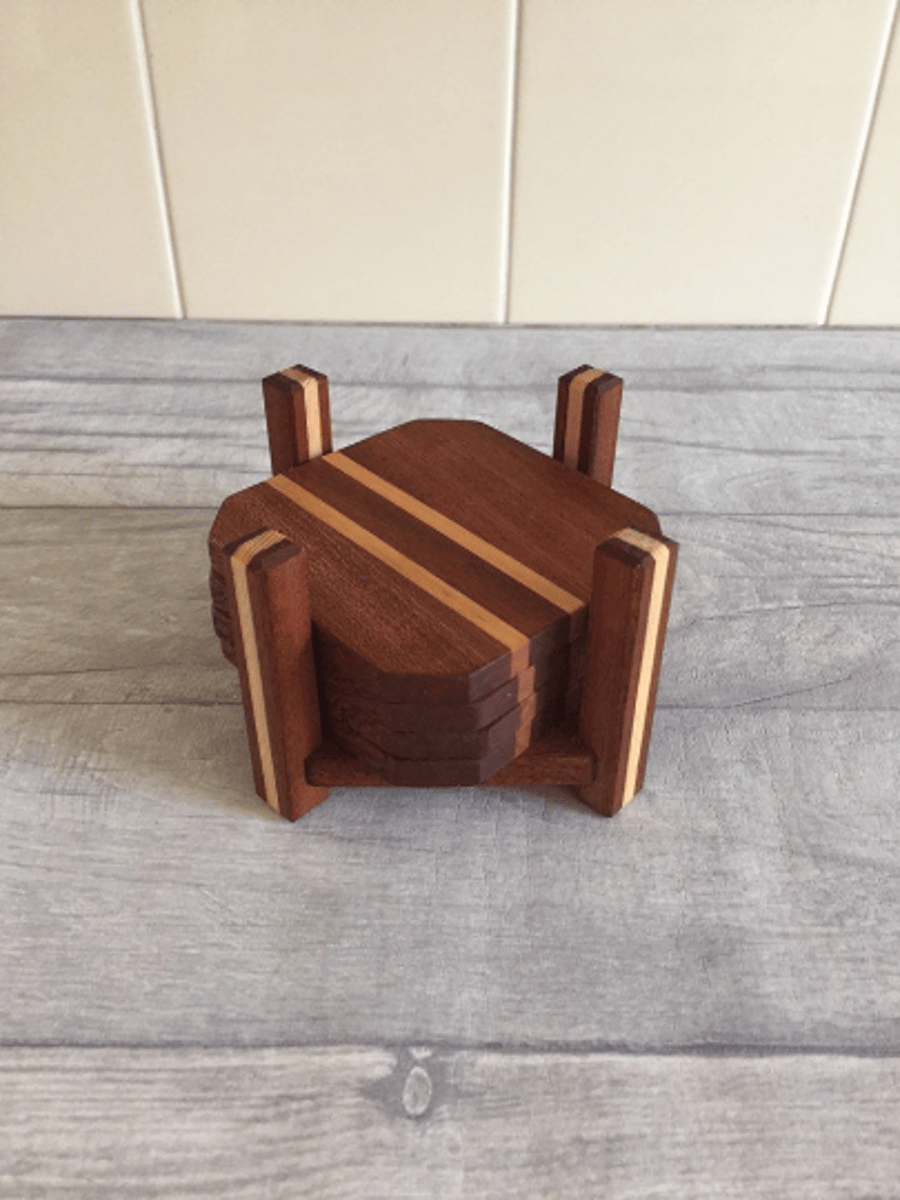 Wooden coasters complete with stand, recycled wood, handmade, set of 4