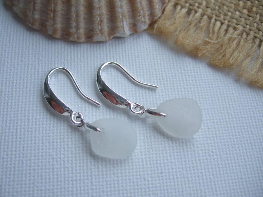Sea glass earrings, white Seaham sea glass earrings, dangling beach glass jewel