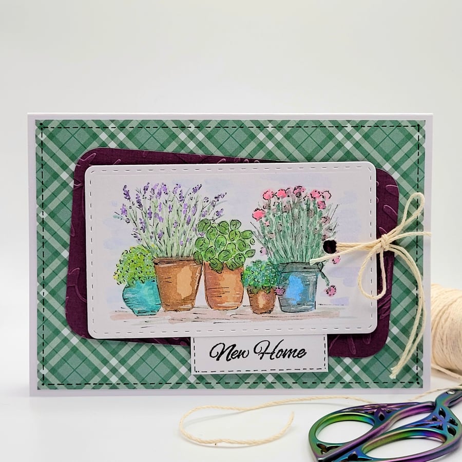 Handpainted New Home Card - original watercolour art herbs plants pots