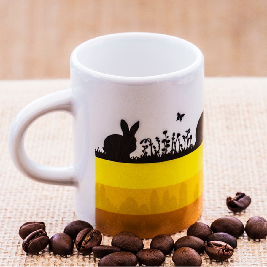 Yellow Hares and Rabbits Espresso Coffee Mug for Nature and Countryside Lovers