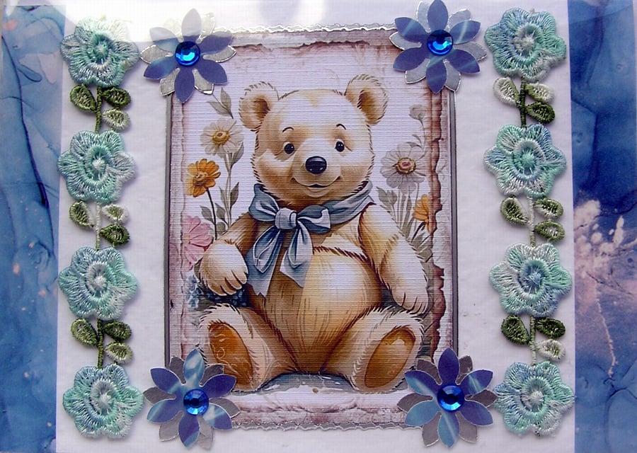 Blue Teddy Bear - Hand Crafted 3D Decoupage Card - Blank - 2888