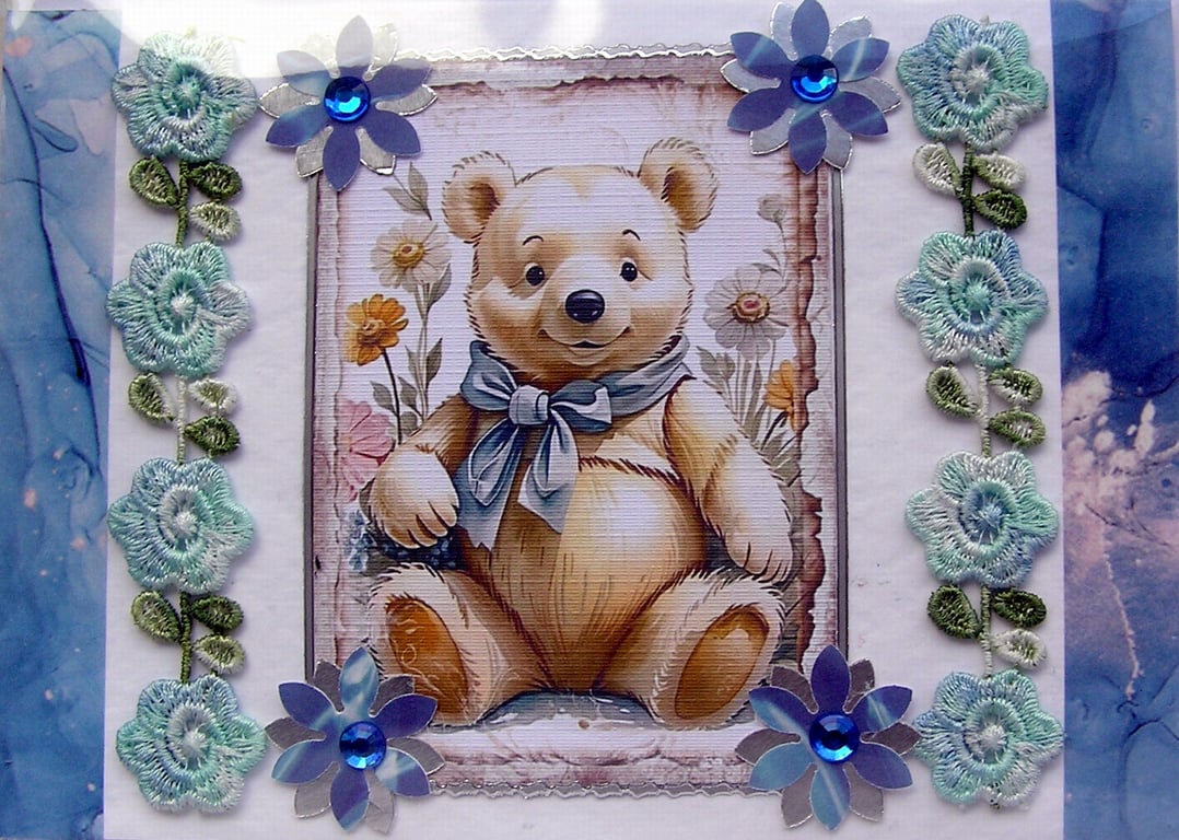 Blue Teddy Bear - Hand Crafted 3D Decoupage Card - Blank - 2888