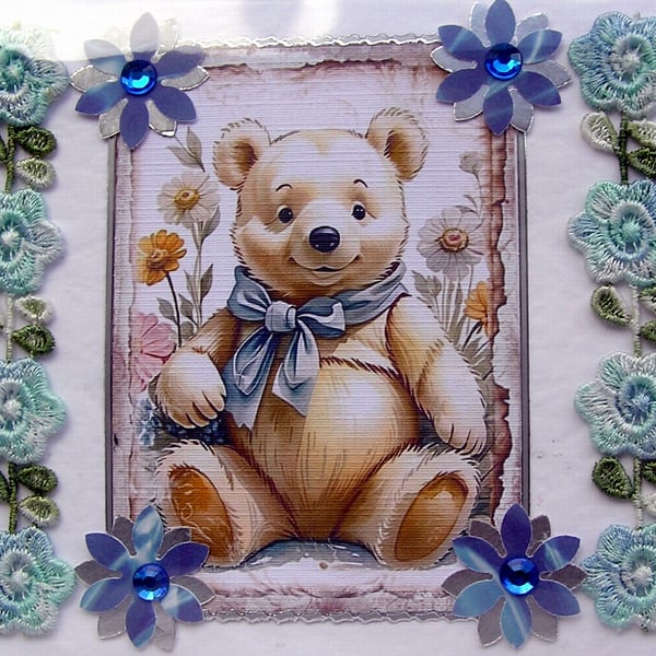 Blue Teddy Bear - Hand Crafted 3D Decoupage Card - Blank - 2888