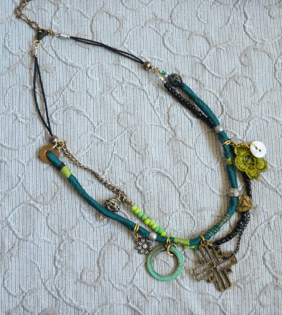 Boho Style Mixed Textile and Bead Necklace