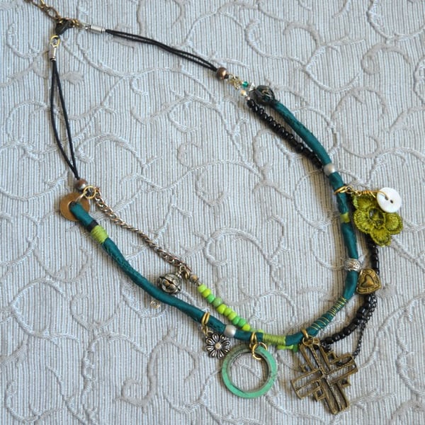 Boho Style Mixed Textile and Bead Necklace