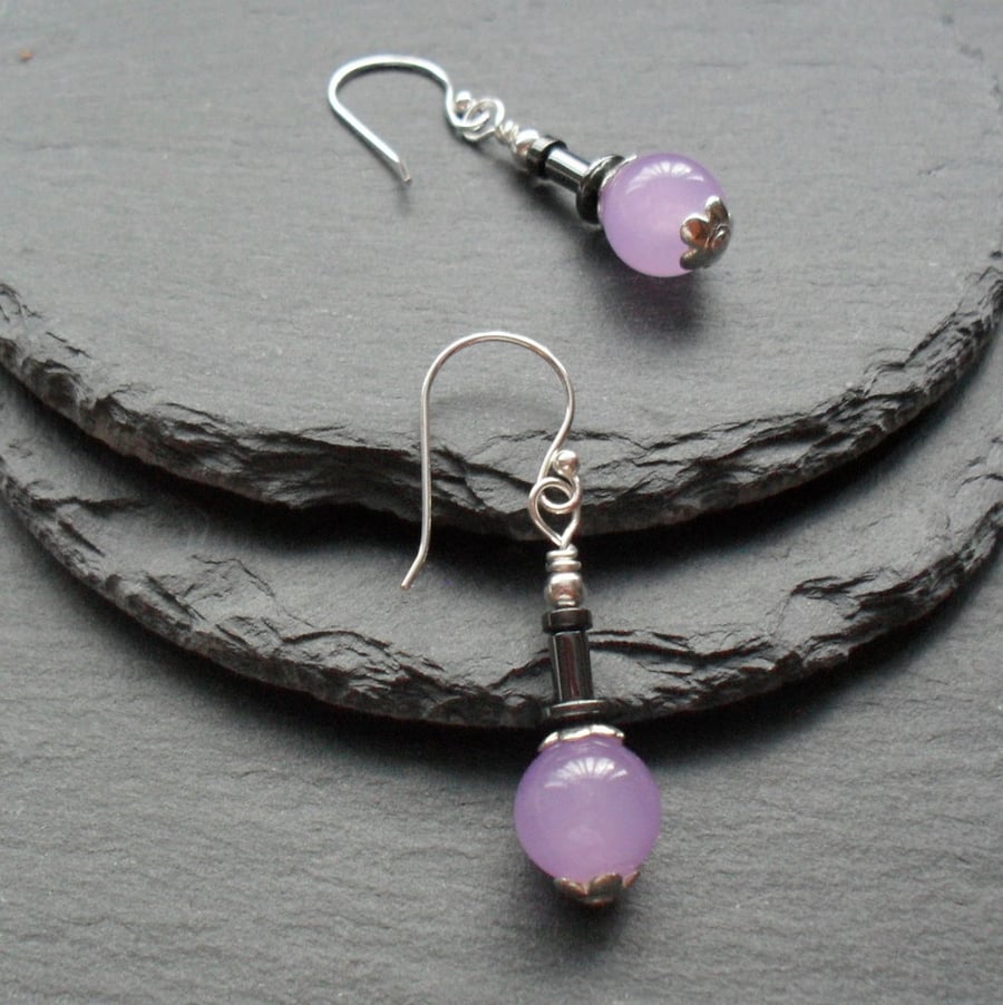 Haematite and Lilac Quartzite Drop Earrings Silver Plate