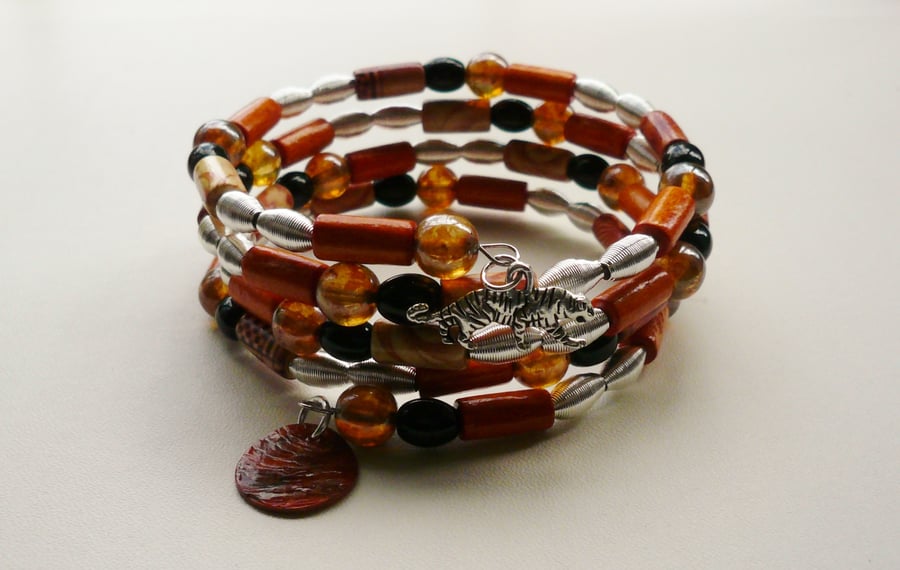 Black, Tan and Orange Mixed Bead  Silver Memory Wire Wrap Bracelet   KCJ1106