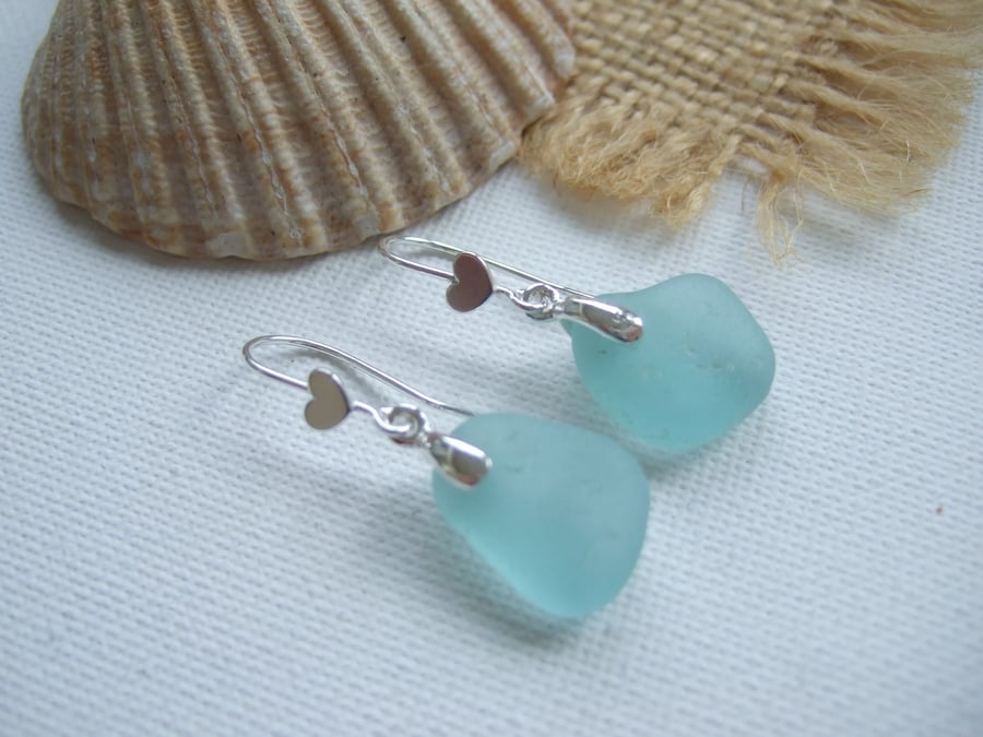 Sterling silver sea glass earrings, Seaham sea glass aqua teal, heart design