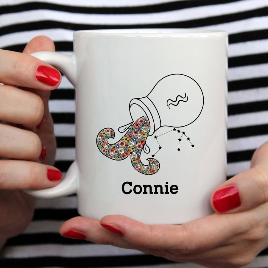 Aquarius Floral Zodiac Mug - Customizable 11oz Ceramic Coffee Cup with Star Sign