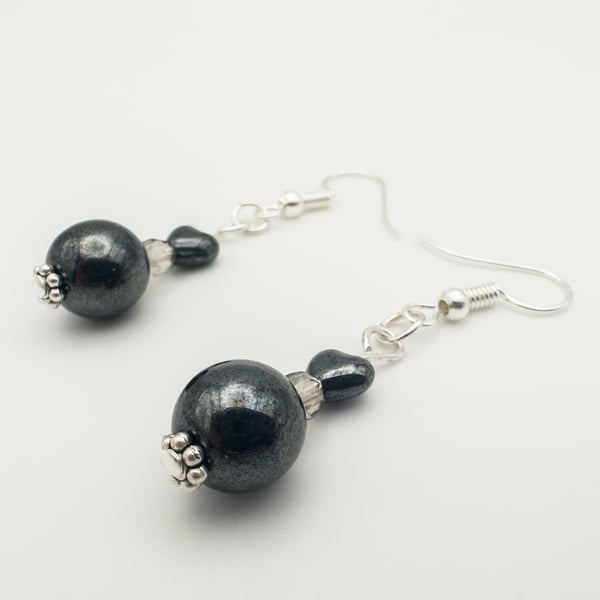 Handmade Earrings, dark grey glass beads, with tiny hearts