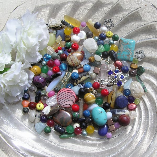 Gemstone Bead Scoop - Over 125 Beads - Crafting, Wire Wrapping, Charms, Sewing