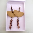 Leather Dangle Drop Earrings Light Khaki and Copper Coloured Bead Boho 