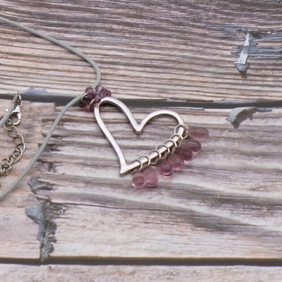 Large Open Framed Heart Pendant- Pink Glass Droplets- 17 In Adjustable Grey Cord