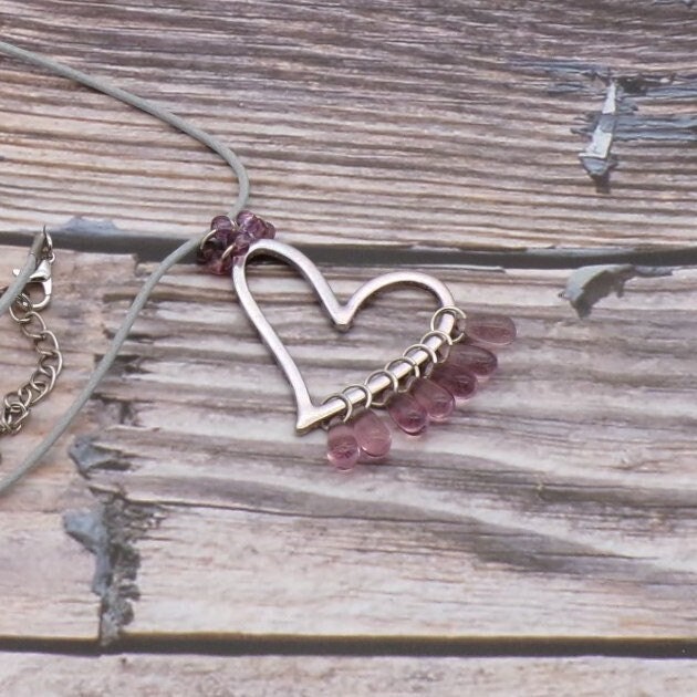 Large Open Framed Heart Pendant- Pink Glass Droplets- 17 In Adjustable Grey Cord