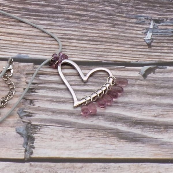 Large Open Framed Heart Pendant- Pink Glass Droplets- 17 In Adjustable Grey Cord