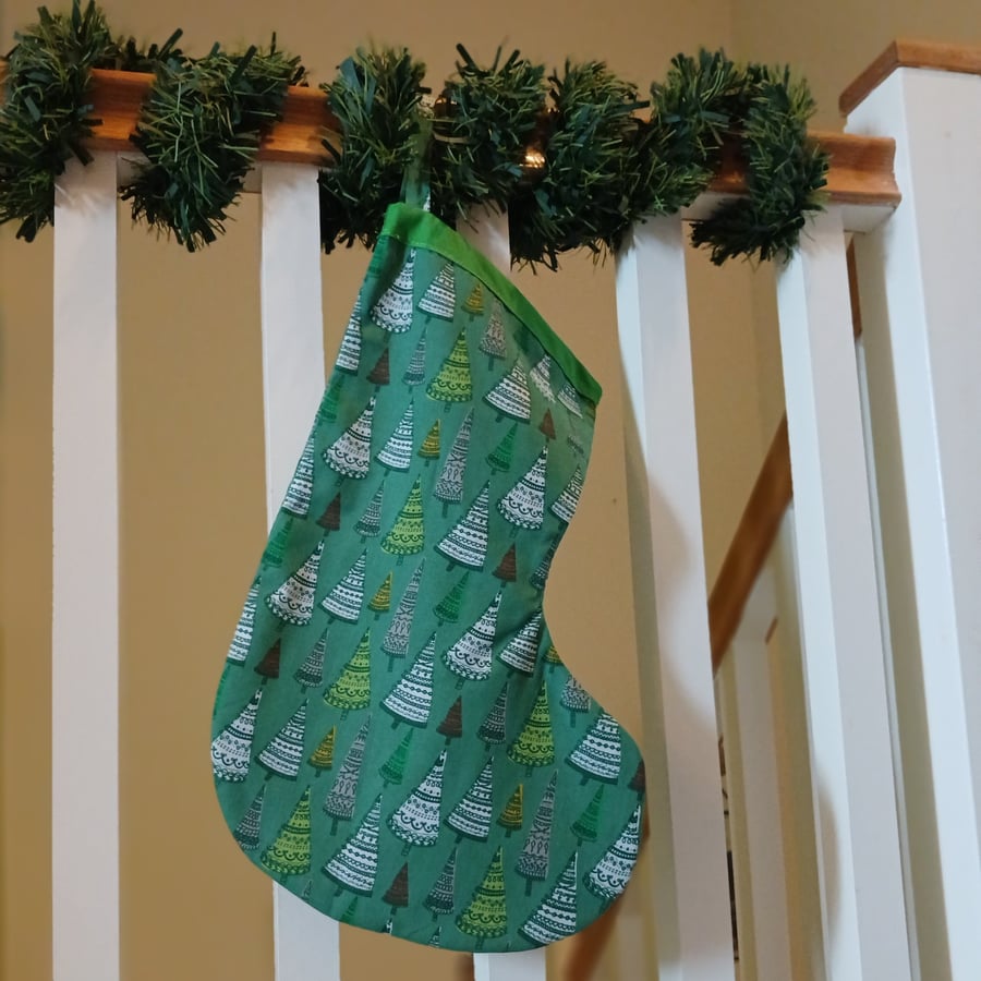 Handmade Christmas stocking - Scandi style trees on green background