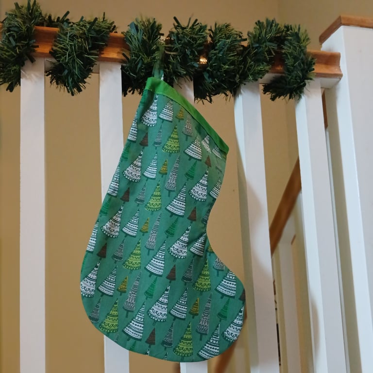 Handmade Christmas stocking - Scandi style trees on green background