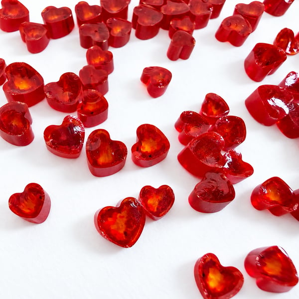 Red heart murrini made with Bullseye 90coe glass