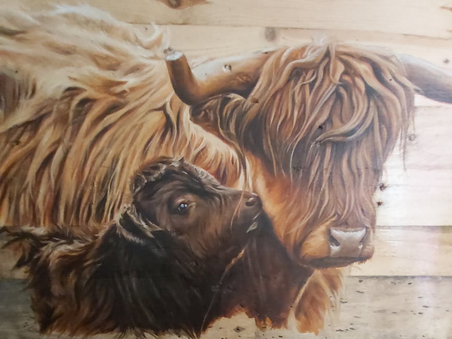 Highland cow and calf painting "The Kiss"  Oil painting on wood. Reclaimed wood