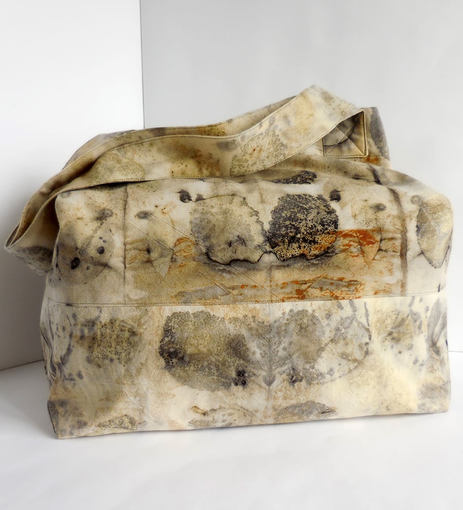 Large sack bag eco-printed with cotinus & eucalyptus leaves