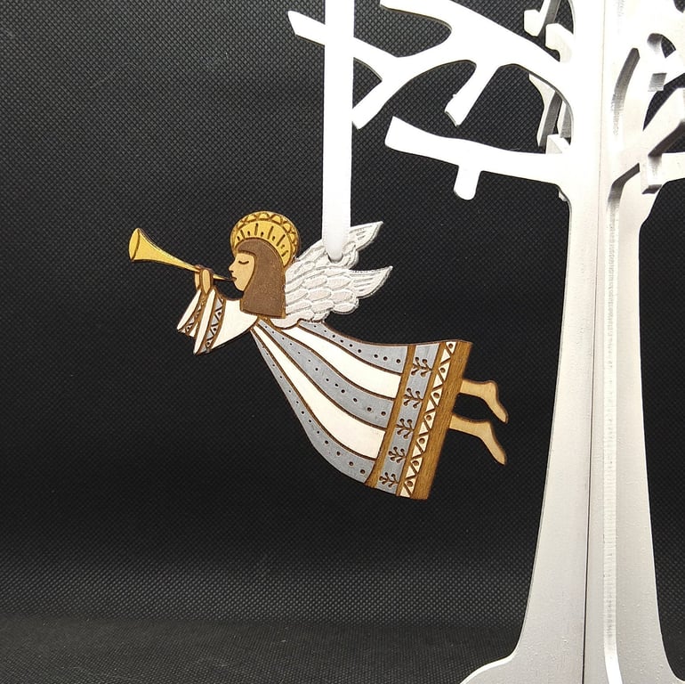 Folk art Angel, hand-drawn and hand-painted, laser-etched and cut