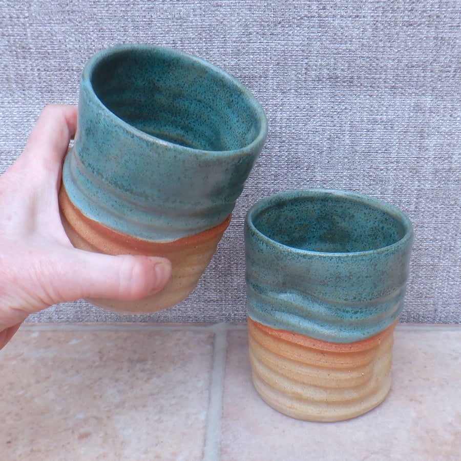 Pair of water or juice beaker tumbler wheel thrown in stoneware pottery handmade