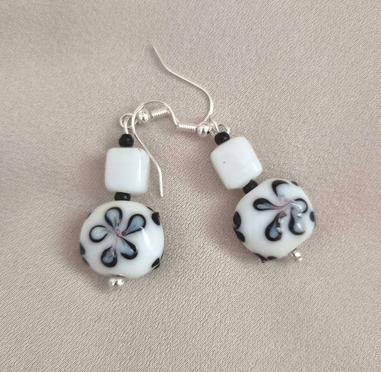 Black and White Hand Made Ceramic Flower Earrings