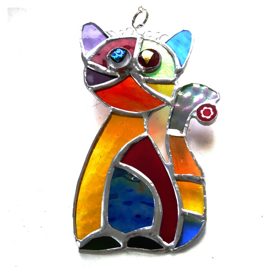 Cat Suncatcher Blue Tum Stained Glass Rainbow Picasso Patchwork 018