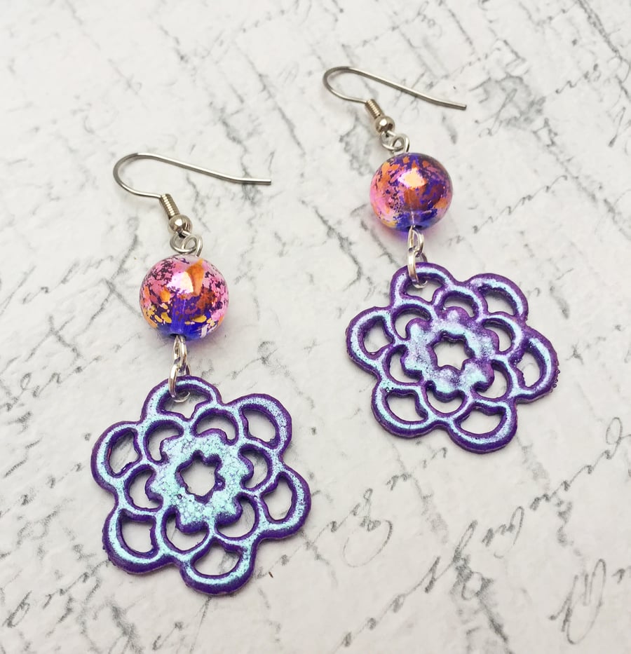 Purple filigree flower wooden dangle earrings with accent glass bead