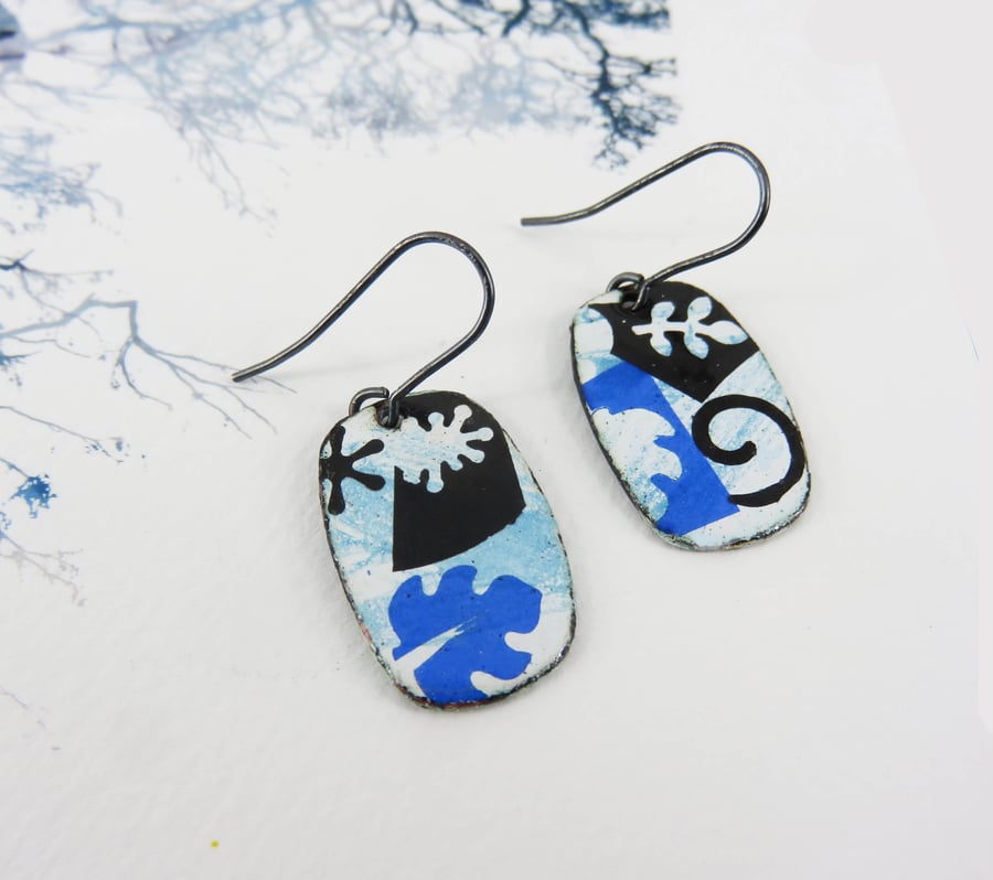 Collage Pattern Enamel on Copper Dangle Earrings